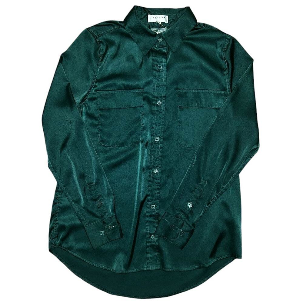 NWT Industry Republic Clothing Green Satin Stretch Button Up Top Women's XS